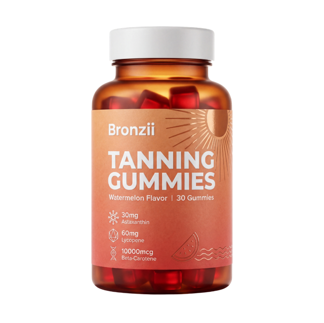 An amber bottle of Tanvii Tanning Gummies, watermelon flavor, against a white background.